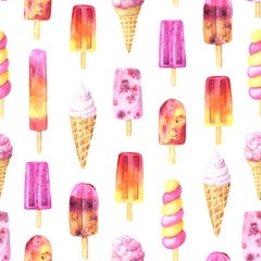 Seamless pattern with watercolor ice cream