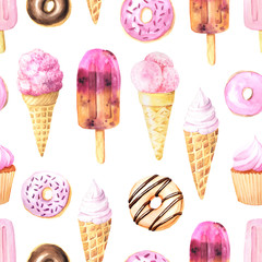 Seamless pattern with watercolor ice cream