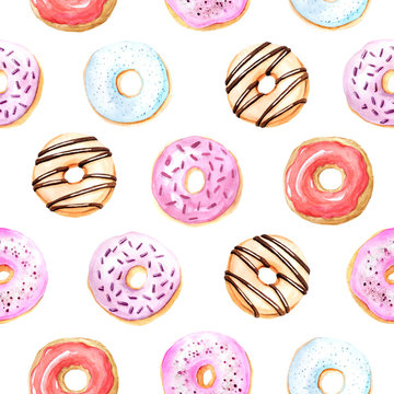 Seamless pattern with watercolor sweet and tasty donuts