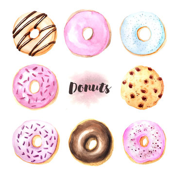 Watercolor hand painted sweet and tasty donut