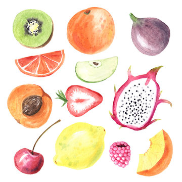 Set of hand painted watercolor summer fruits