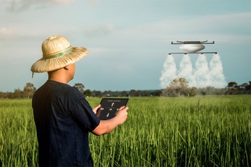 Drone for farming background concept, The new generation of farmers used drone for farming