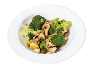 Warm mushroom salad with broccoli.