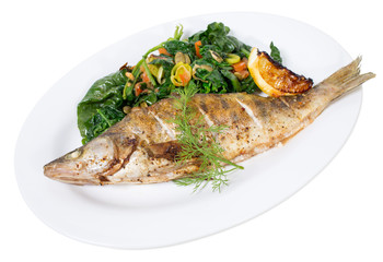 Baked dorado with warm spinach salad.