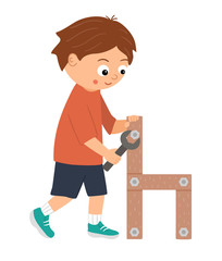 Vector working boy. Flat funny kid character screwing a screw in a wood chair with a screwdriver. Craft lesson illustration. Concept of a child learning how to work with tools. Picture for workshop 