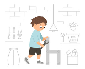 Vector working boy. Flat funny kid character screwing a screw in a wood chair with a screwdriver on workshop background. Craft lesson illustration. Concept of a child learning how to work with tools. 