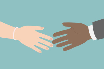 Caucasian woman reach out hand to African-American man for handshake. Vector illustration.