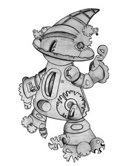 Robot is drawn in pencil on a white background, Isolated