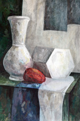 Old picture of the artist. Still life painted with art paints.