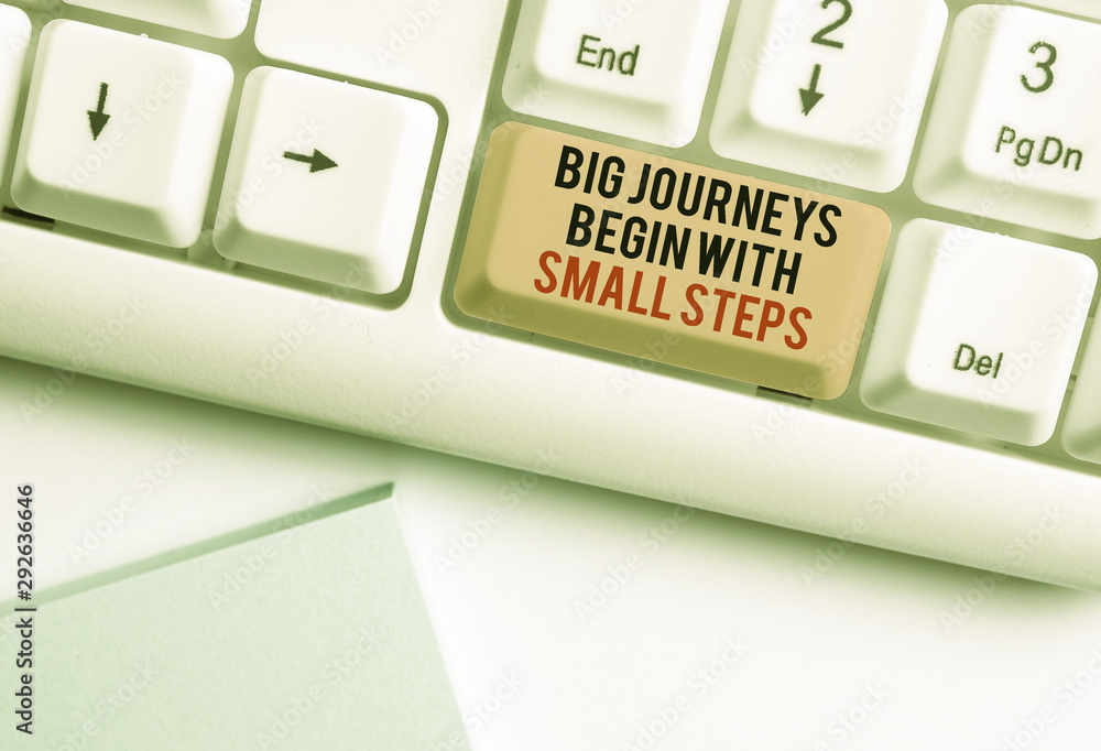 Poster writing note showing big journeys begin with small steps. business concept for one step at a time to