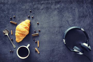 Fresh pastries on the table. French flavored croissant.