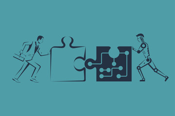 Businessmen and robot connecting puzzle elements. Vector illustration flat style design. Combining two pieces. Symbol of working together, cooperation, partnership. Business concept. Teamwork metaphor