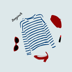Stylish Parisian outfit illustration with blue striped t-shirt, shoes, sunglasses, burgundy beret and red lipstick.