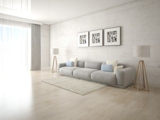 Mock up a bright living room with a large comfortable sofa and trendy hipster backdrop.