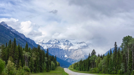 Icefield parkway highway leads to the foot of scenic Robson mountain in the summer, Canadian Rocky mountains, British Columbia, Canada