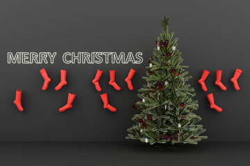 Christmas tree with decorations and gift boxes. 3d rendering