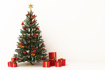 Christmas tree with decorations and gift boxes. 3d rendering