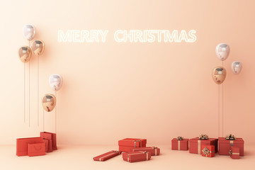 pink gold Balloon with decorations and gift boxes for merry christmas. 3d rendering