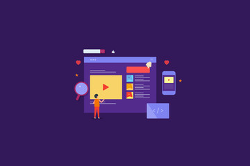 Video, blogging, social sharing, content marketing, video seo concept. Flat design vector web banner.