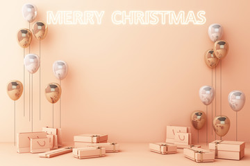 Pink gold Balloon with decorations and gift boxes for merry christmas. 3d rendering