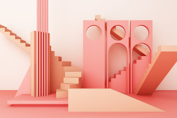Geometric shape composition with stair and arch on pink background. 3d rendering