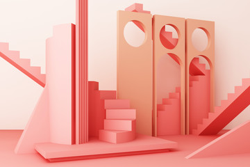 Geometric shape composition with stair and arch on pink background. 3d rendering