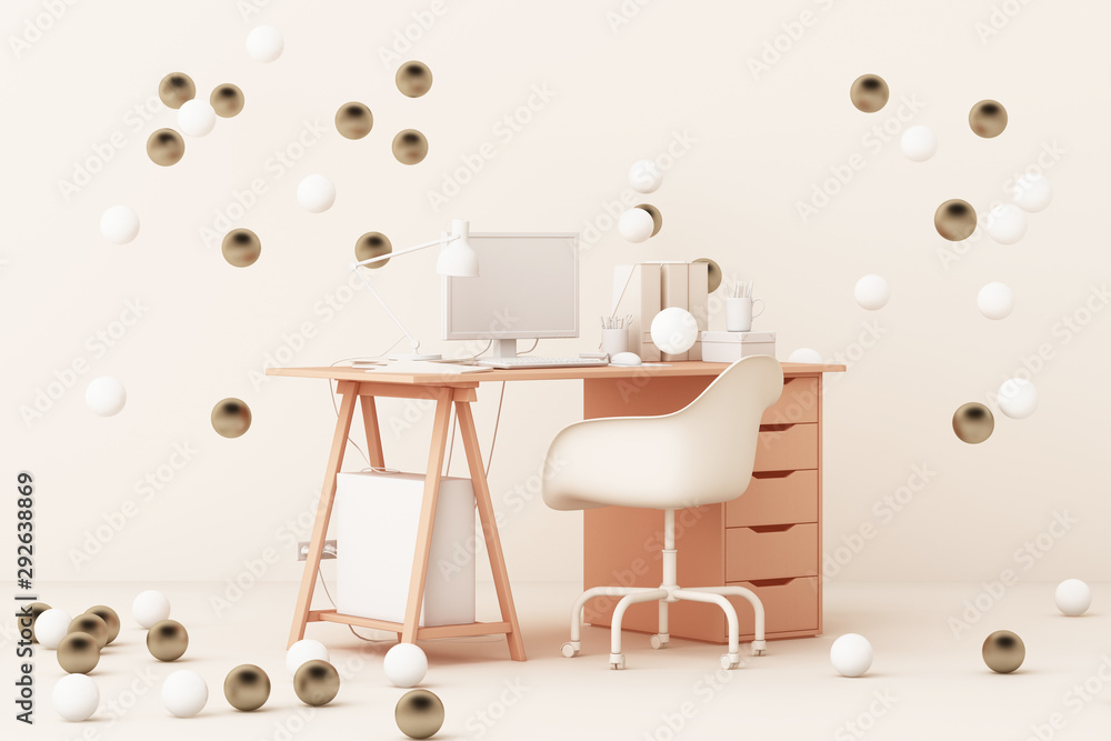 Poster pink working table with desktop computer surrounding by gold and white ball. 3d rendering