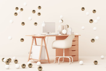 Pink working table with desktop computer surrounding by gold and white ball. 3d rendering