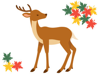 シカとリスのペア 紅葉 木の実の水彩風イラストセット Wall Mural Nora Hachio