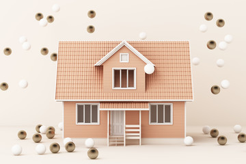 Pink house surrounding by gold and white ball. 3d rendering