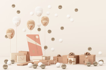 Pink credit card surrounding by a lot of giftboxs and balloons. 3d rendering