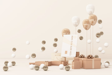 Pink credit card surrounding by a lot of giftboxs and balloons. 3d rendering