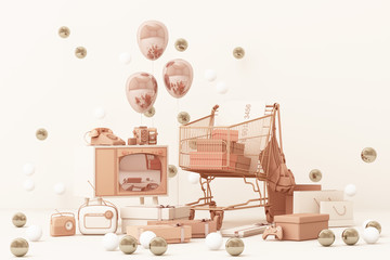 Supermarket shopping cart surrounding by giftbox with credit card and many gadget on pink background. 3d rendering