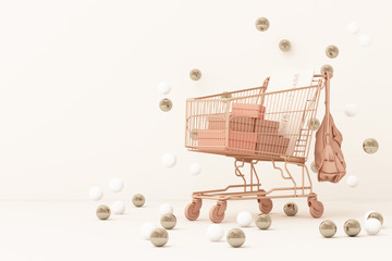Supermarket shopping cart surrounding by gold and white ball background. 3d rendering