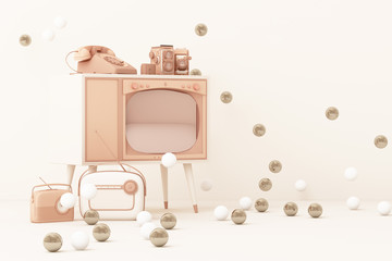 Old televisions and vintage radio player on a pink background. 3D rendering