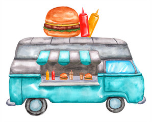 Watercolor food truck with burger and souse. Illustration isolated on white background