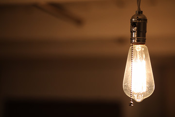 Lamps with tungsten filament. Edison's light bulb. Filament filament in vintage lamps. Retro design...
