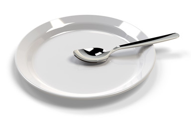 Empty dish with spoon on the white background. 3D rendering