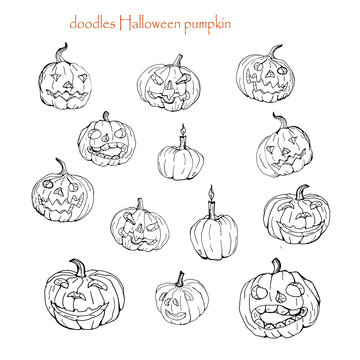 pumpkin set, isolated images on transparent b white background, Doodle, candle