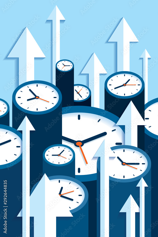 Poster time up. fast decision. 3d clock icons in flat style, arrows and timers on blue background. time man
