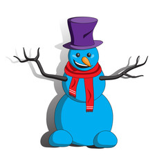 Snowman in hat and hat on white isolated background. Vector illustration.
