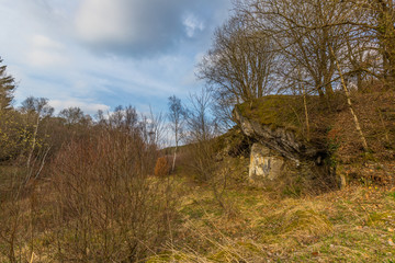 Spuren des zweiten Weltkrieg in Deutschland. Zerstörter Bunker in der Eifel. Die Natur baut in der Ruine ein Ökosystem.