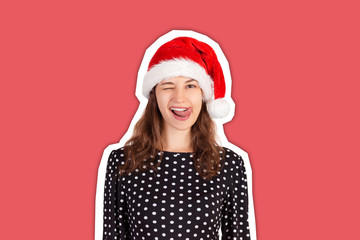 Young beautiful crazy woman in dress portrait. emotional girl in santa claus christmas hat Magazine collage style with trendy color background