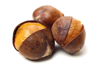 chinese food, peeled roasted chestnut on white background