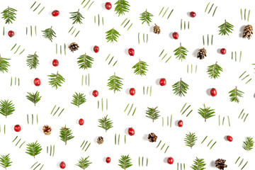 Christmas composition. Pattern made of tree branches and berries on white background. Christmas, winter, new year concept. Flat lay, top view, copy space