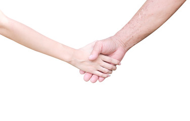 Young asian girl hand and elderly man shaking hands close up isolated on white background with clipping path