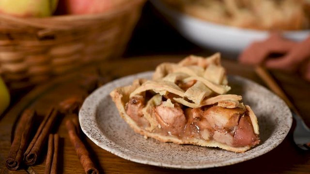 Pastry apple pie slice on plate. Classical american fall comfort food