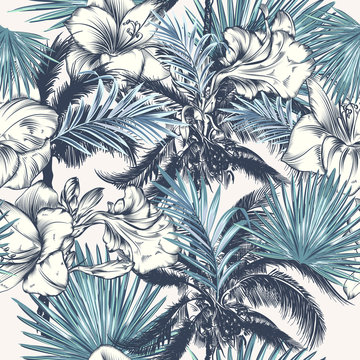 Elegant vector tropical pattern with flowers, palm leaves and palms