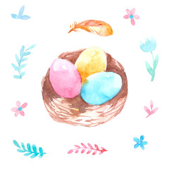 Bird nest with eggs with plant easter decoration. Watercolor illustration on white background