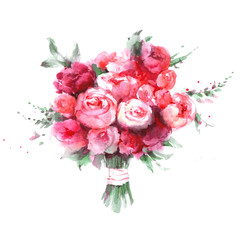 Red and Pink Rose flower bouquet. Watercolor illustration isolated on white background